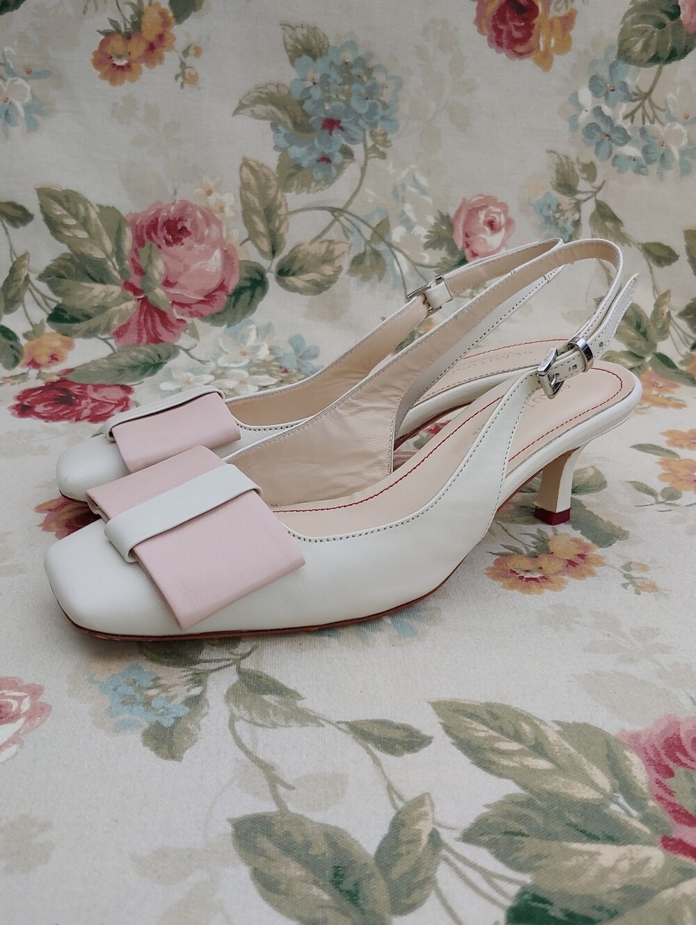 Beautiisoles Makayla Leather Pink Bow & Cream Slingback Heels Women's 9